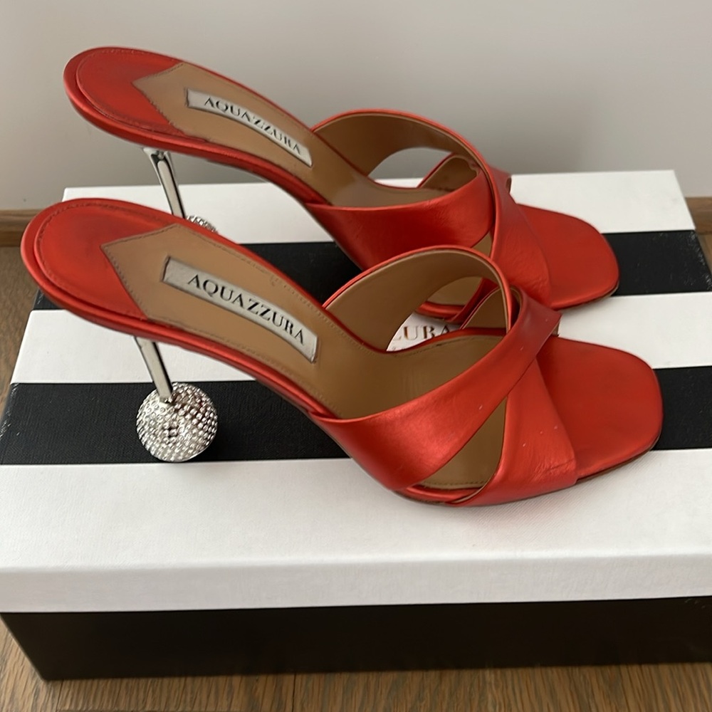 Aquazzura Red-Orange Satin Crystal Ball Heel Slide Sandals size 9.5 - Picture 4 of 7